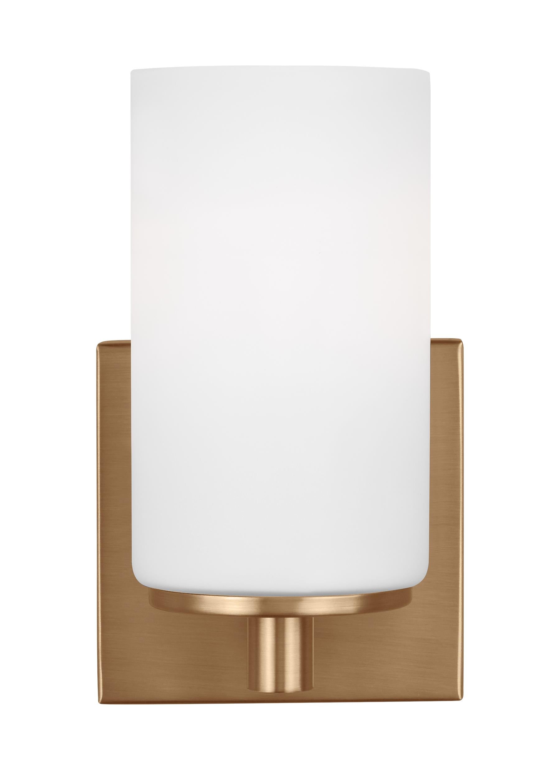 Hettinger traditional indoor dimmable 1-light wall bath sconce in a satin brass finish with etched white glass shades