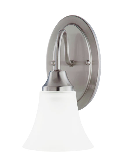 Holman traditional 1-light indoor dimmable bath vanity wall sconce in brushed nickel silver finish with satin etched glass...