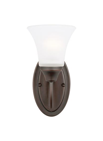 Holman traditional 1-light indoor dimmable bath vanity wall sconce in bronze finish with satin etched glass shade