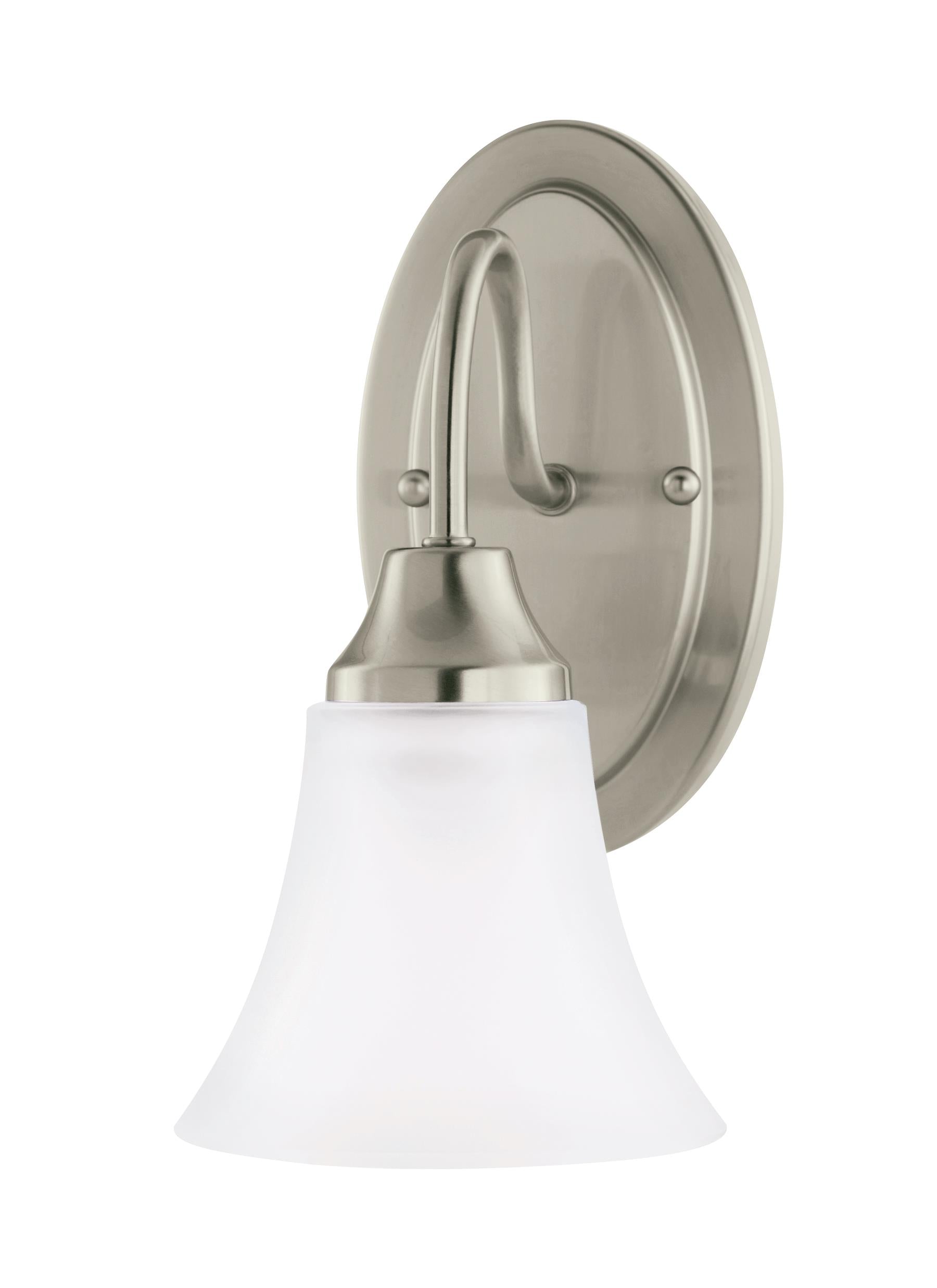 Holman traditional 1-light indoor dimmable bath vanity wall sconce in brushed nickel silver finish with satin etched glass...