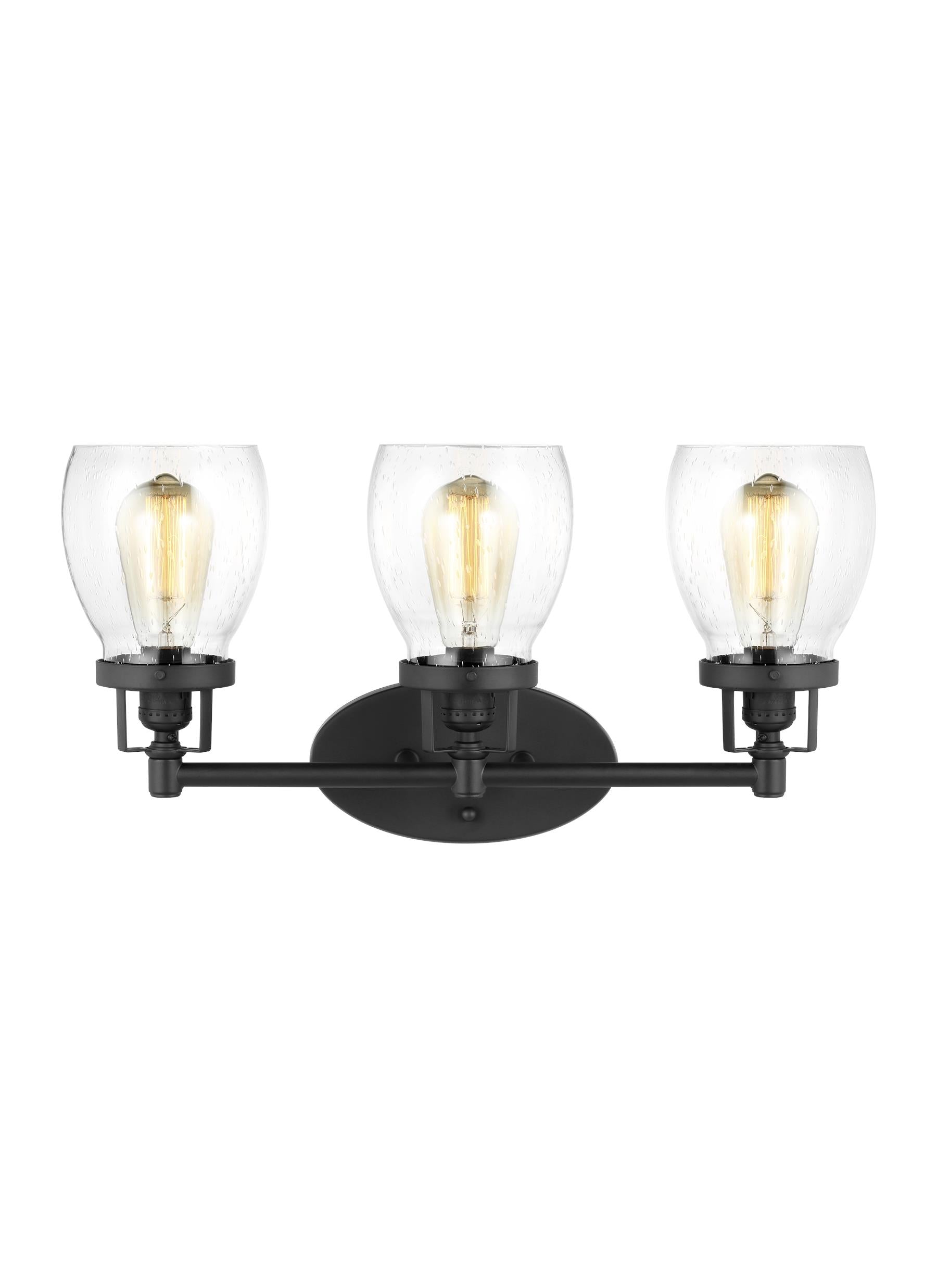 Belton transitional 3-light indoor dimmable bath vanity wall sconce in midnight black finish with clear seeded glass shades