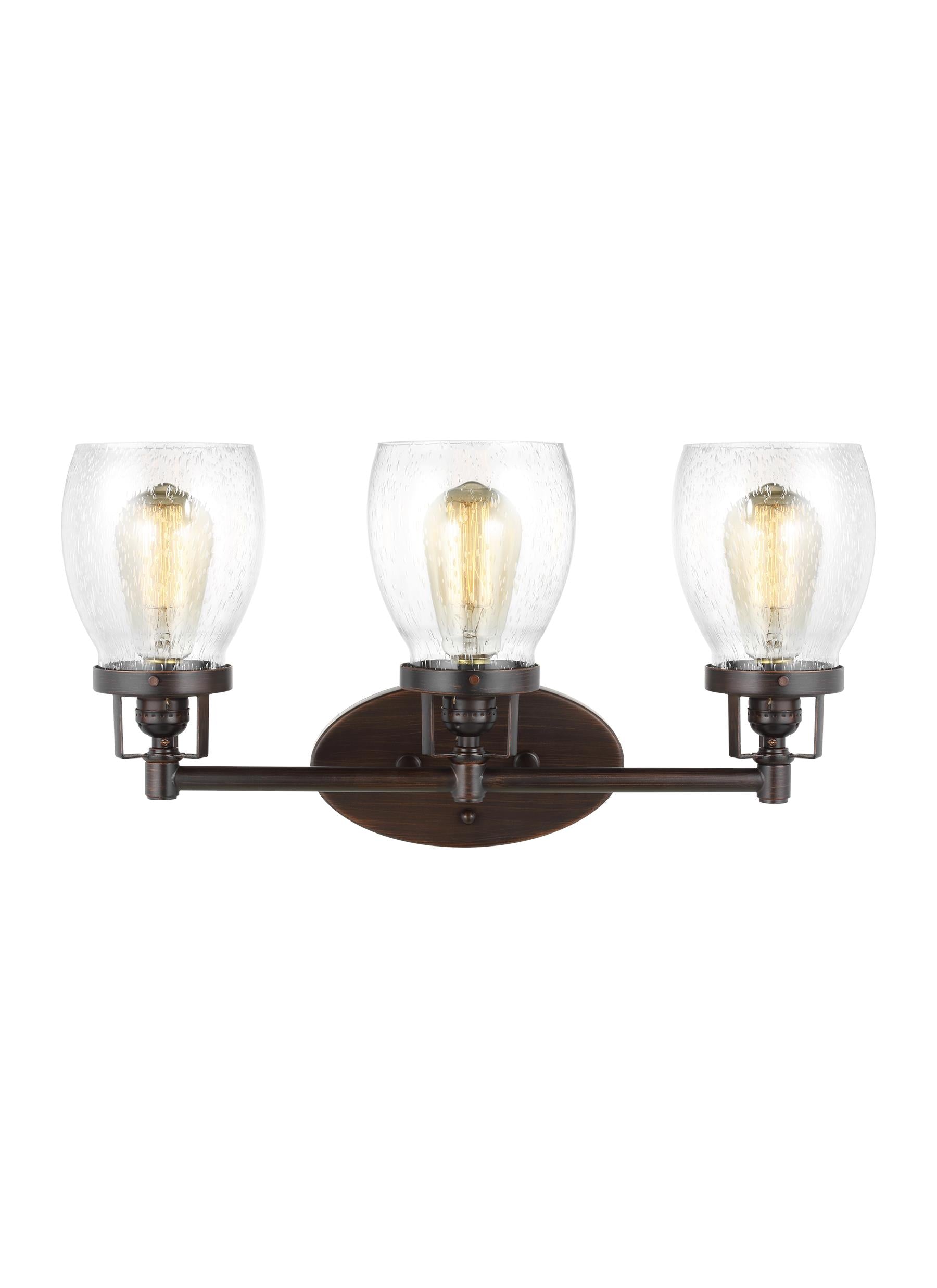 Belton transitional 3-light indoor dimmable bath vanity wall sconce in bronze finish with clear seeded glass shades