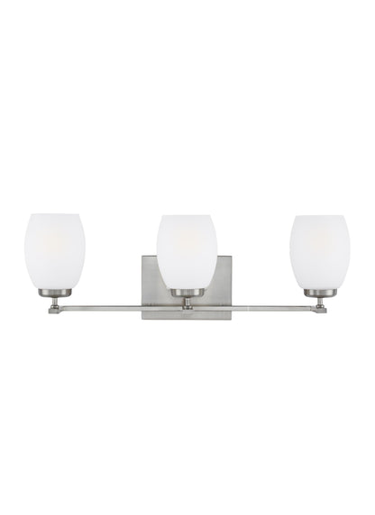 Catlin modern 3-light indoor dimmable bath vanity wall sconce in brushed nickel silver finish with etched white inside gla...