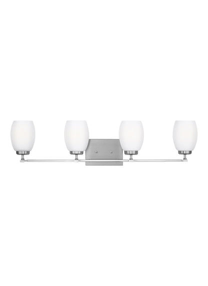 Catlin modern 4-light indoor dimmable bath vanity wall sconce in brushed nickel silver finish with etched white inside gla...