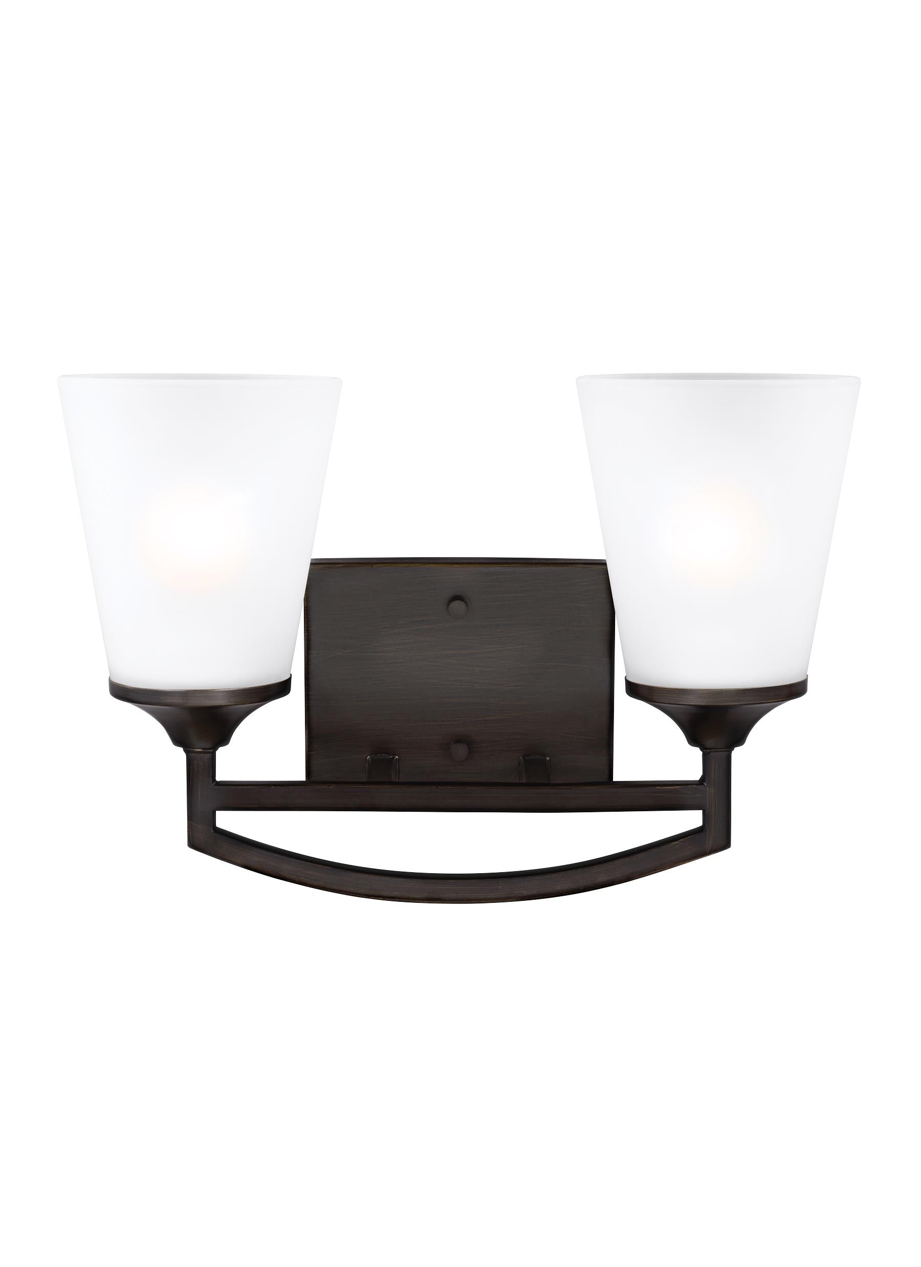 Hanford traditional 2-light indoor dimmable bath vanity wall sconce in bronze finish with satin etched glass shades