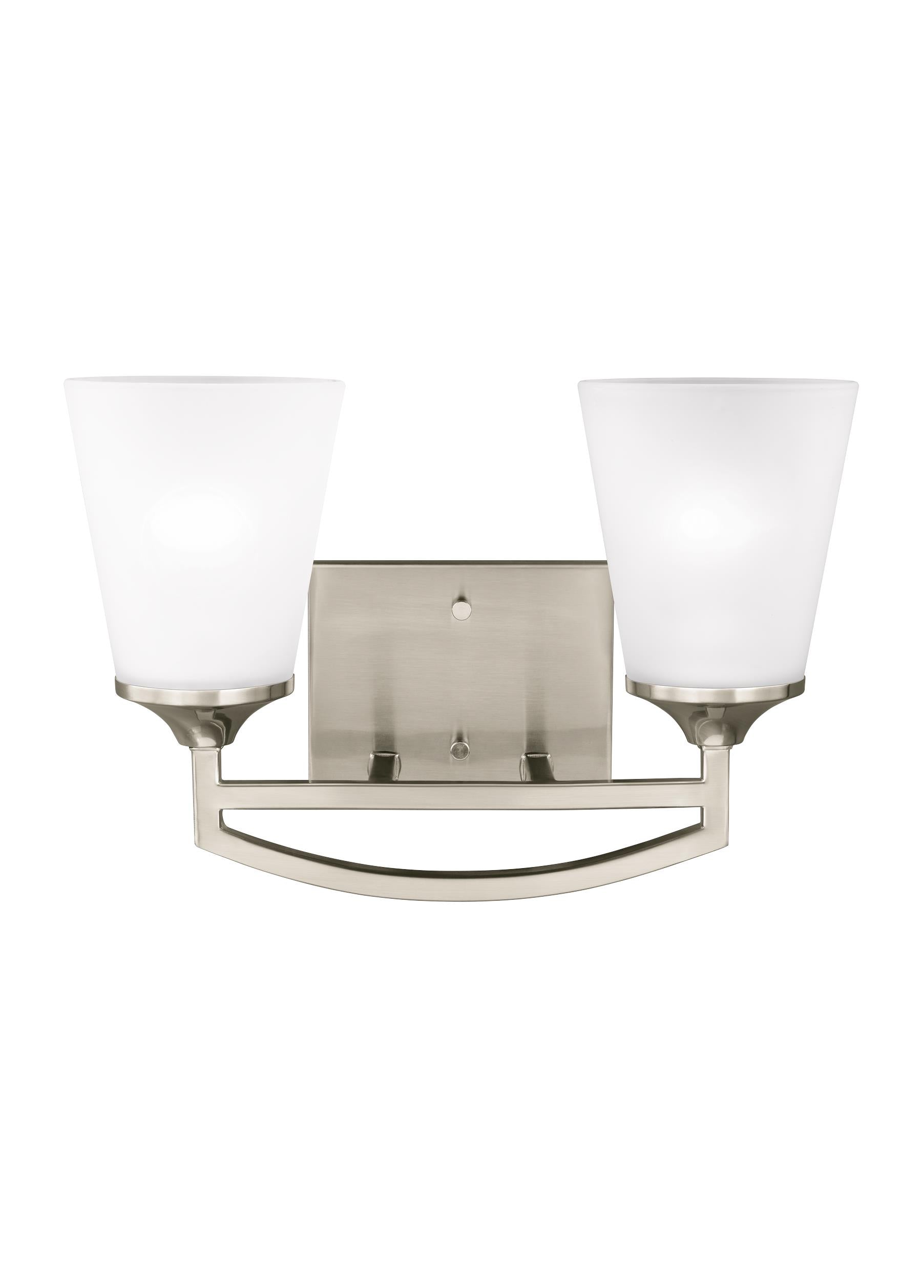 Hanford traditional 2-light indoor dimmable bath vanity wall sconce in brushed nickel silver finish with satin etched glas...