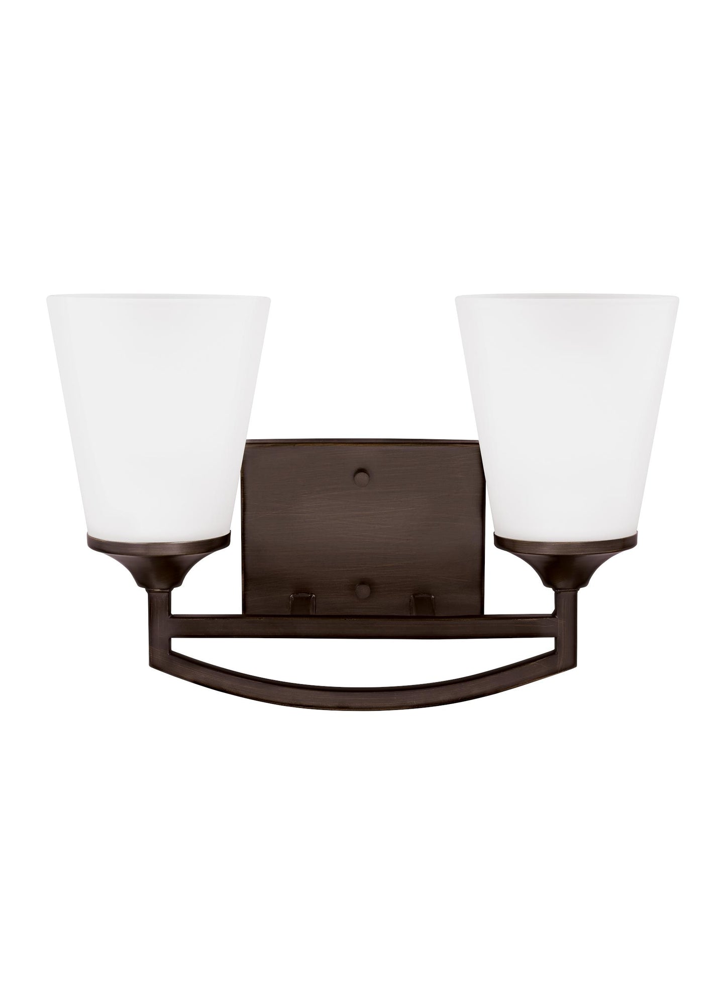 Hanford traditional 2-light indoor dimmable bath vanity wall sconce in bronze finish with satin etched glass shades
