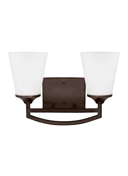 Hanford traditional 2-light indoor dimmable bath vanity wall sconce in bronze finish with satin etched glass shades