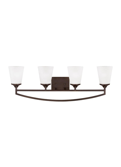 Hanford traditional 4-light LED indoor dimmable bath vanity wall sconce in bronze finish with satin etched glass shades