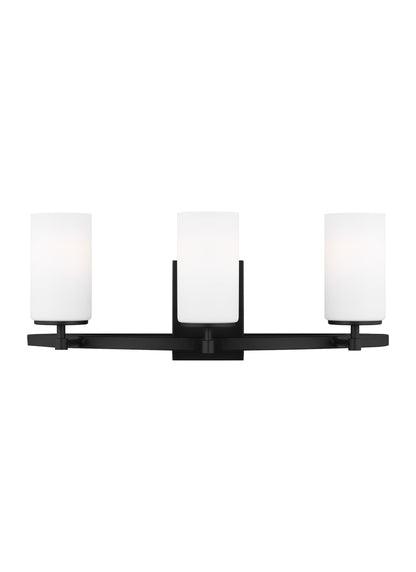 Alturas indoor dimmable 3-light wall bath sconce in a midnight black finish and etched white glass shades