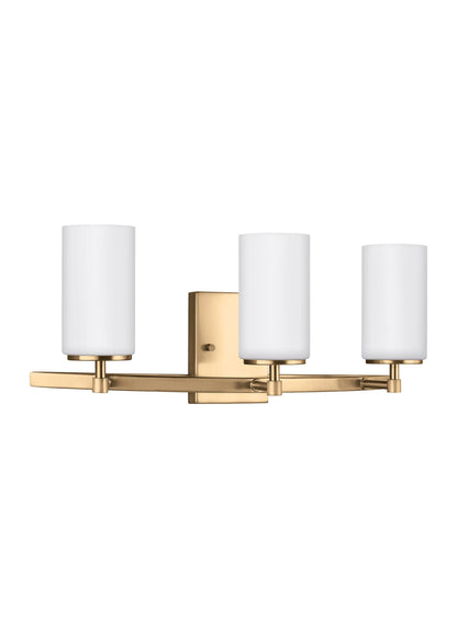 Alturas contemporary 3-light indoor dimmable bath vanity wall sconce in satin brass gold finish with etched white inside g...