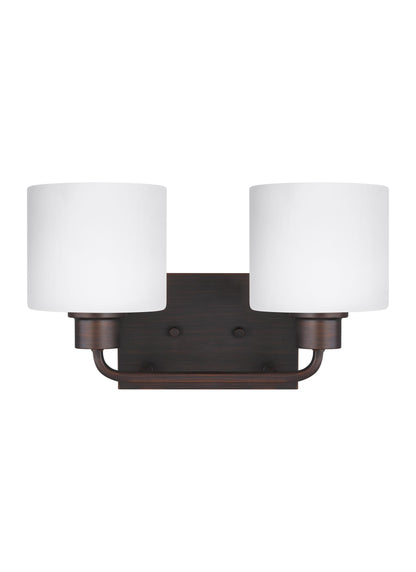 Canfield modern 2-light indoor dimmable bath vanity wall sconce in bronze finish with etched white inside glass shades