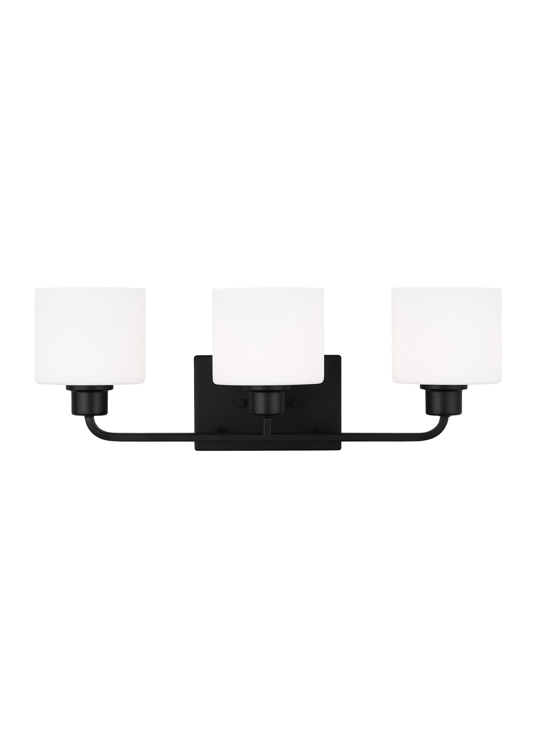 Canfield indoor dimmable 3-light wall bath sconce in a midnight black finish and etched white glass shade