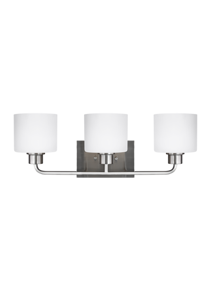 Canfield modern 3-light indoor dimmable bath vanity wall sconce in brushed nickel silver finish with etched white inside g...