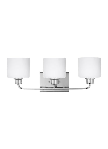 Canfield modern 3-light indoor dimmable bath vanity wall sconce in chrome silver finish with etched white inside glass shades