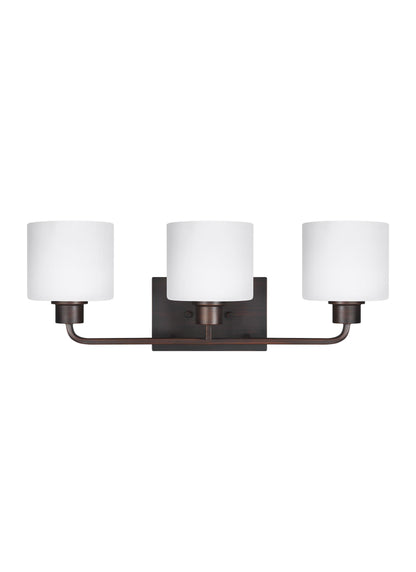 Canfield modern 3-light indoor dimmable bath vanity wall sconce in bronze finish with etched white inside glass shades