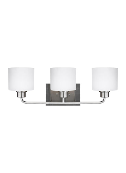 Canfield modern 3-light indoor dimmable bath vanity wall sconce in brushed nickel silver finish with etched white inside g...