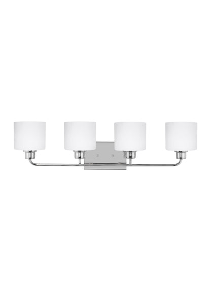 Canfield modern 4-light indoor dimmable bath vanity wall sconce in chrome silver finish with etched white inside glass shades