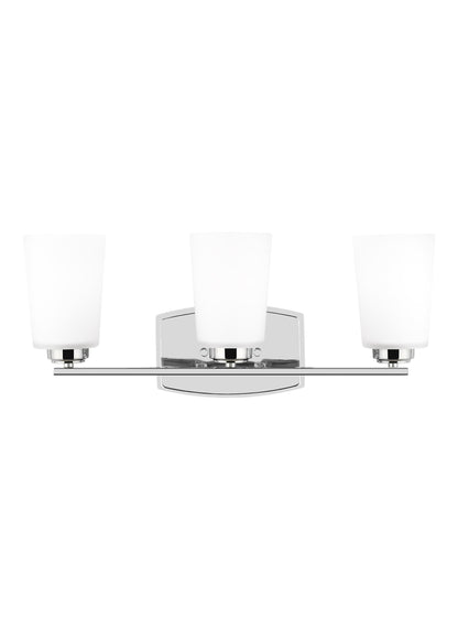 Franport transitional 3-light indoor dimmable bath vanity wall sconce in chrome silver finish with etched white glass shades
