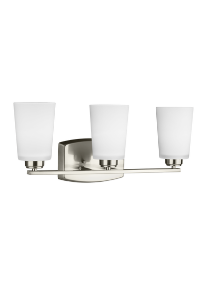 Franport transitional 3-light indoor dimmable bath vanity wall sconce in brushed nickel silver finish with etched white gl...