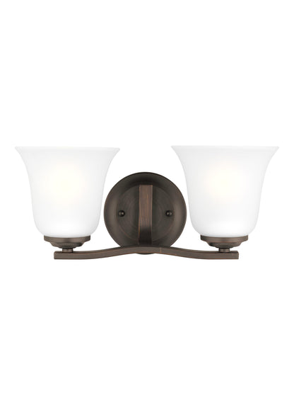 Emmons traditional 2-light indoor dimmable bath vanity wall sconce in bronze finish with satin etched glass shades