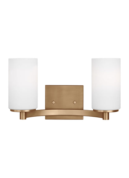 Hettinger traditional indoor dimmable 2-light wall bath sconce in a satin brass finish with etched white glass shades