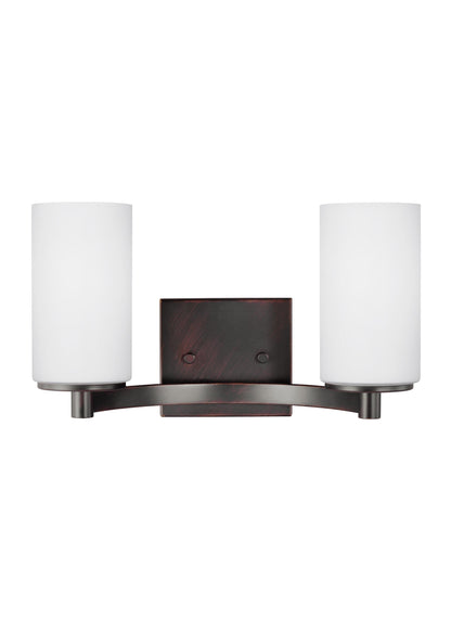 Hettinger transitional 2-light indoor dimmable bath vanity wall sconce in bronze finish with etched white inside glass shades