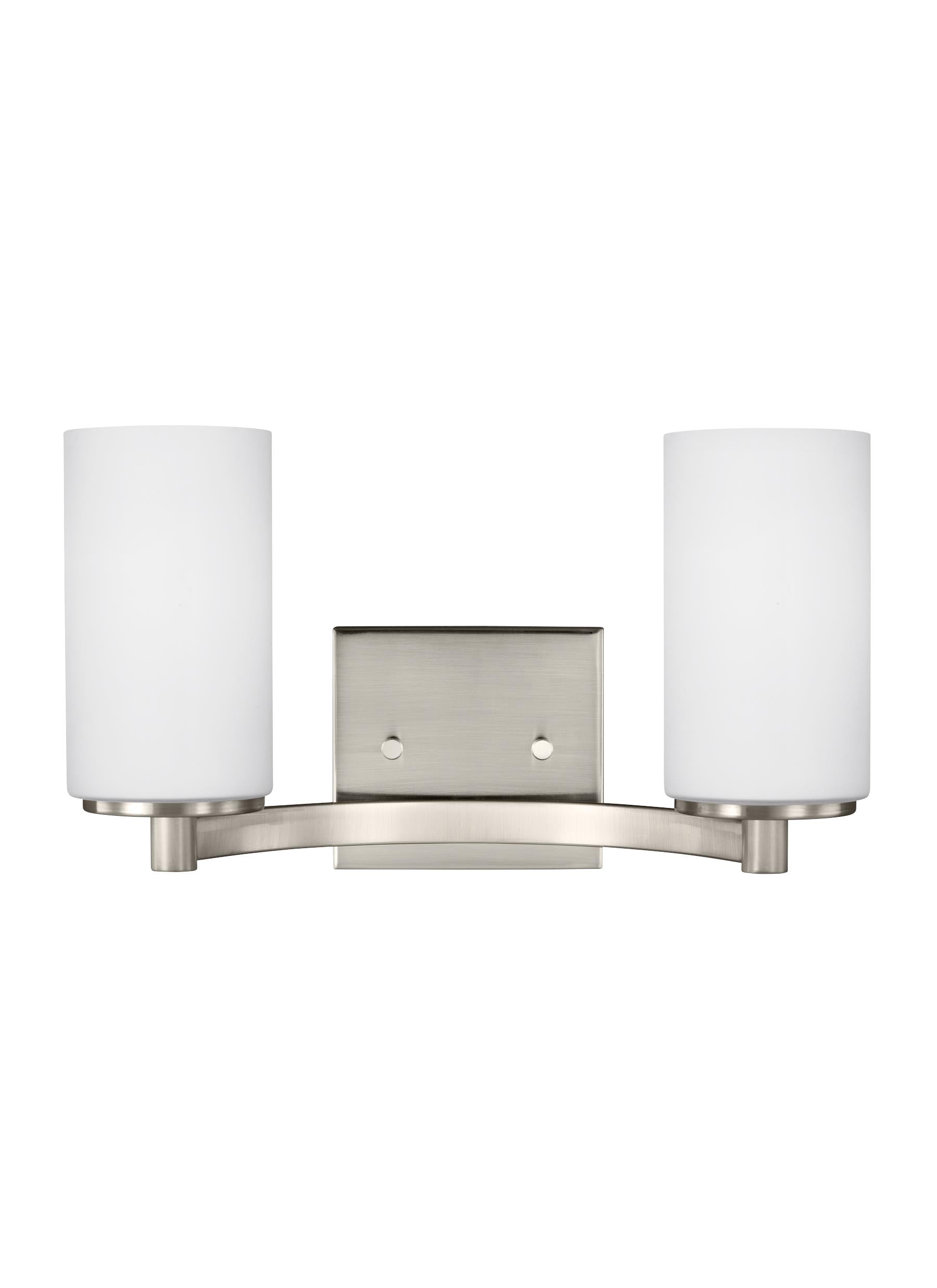 Hettinger transitional 2-light indoor dimmable bath vanity wall sconce in brushed nickel silver finish with etched white i...