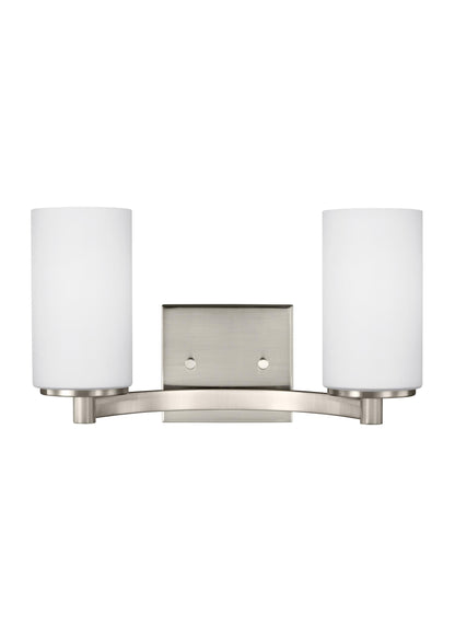 Hettinger transitional 2-light indoor dimmable bath vanity wall sconce in brushed nickel silver finish with etched white i...