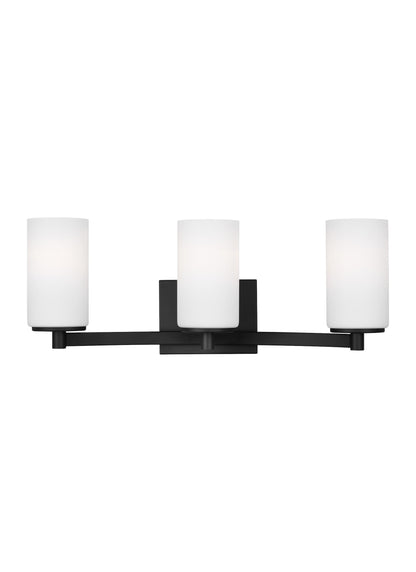 Hettinger traditional indoor dimmable 3-light wall bath sconce in a midnight black finish with etched white glass shades