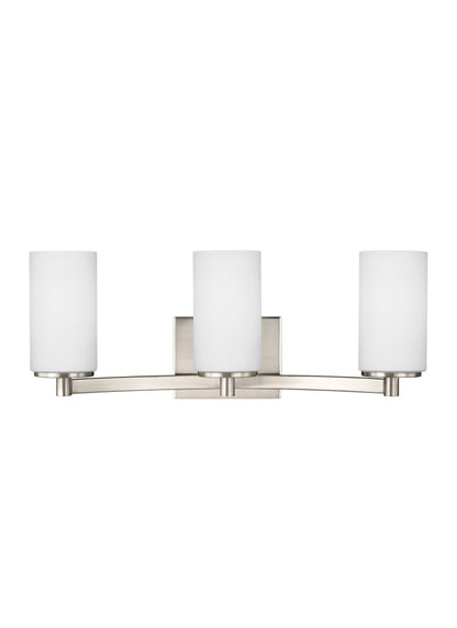 Hettinger transitional 3-light indoor dimmable bath vanity wall sconce in brushed nickel silver finish with etched white i...