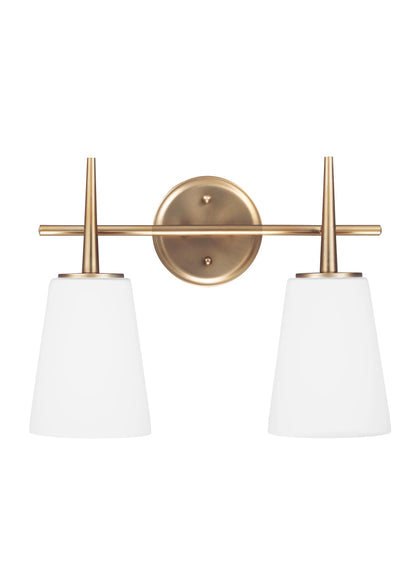 Driscoll contemporary 2-light indoor dimmable bath vanity wall sconce in satin brass gold finish with cased opal etched glass