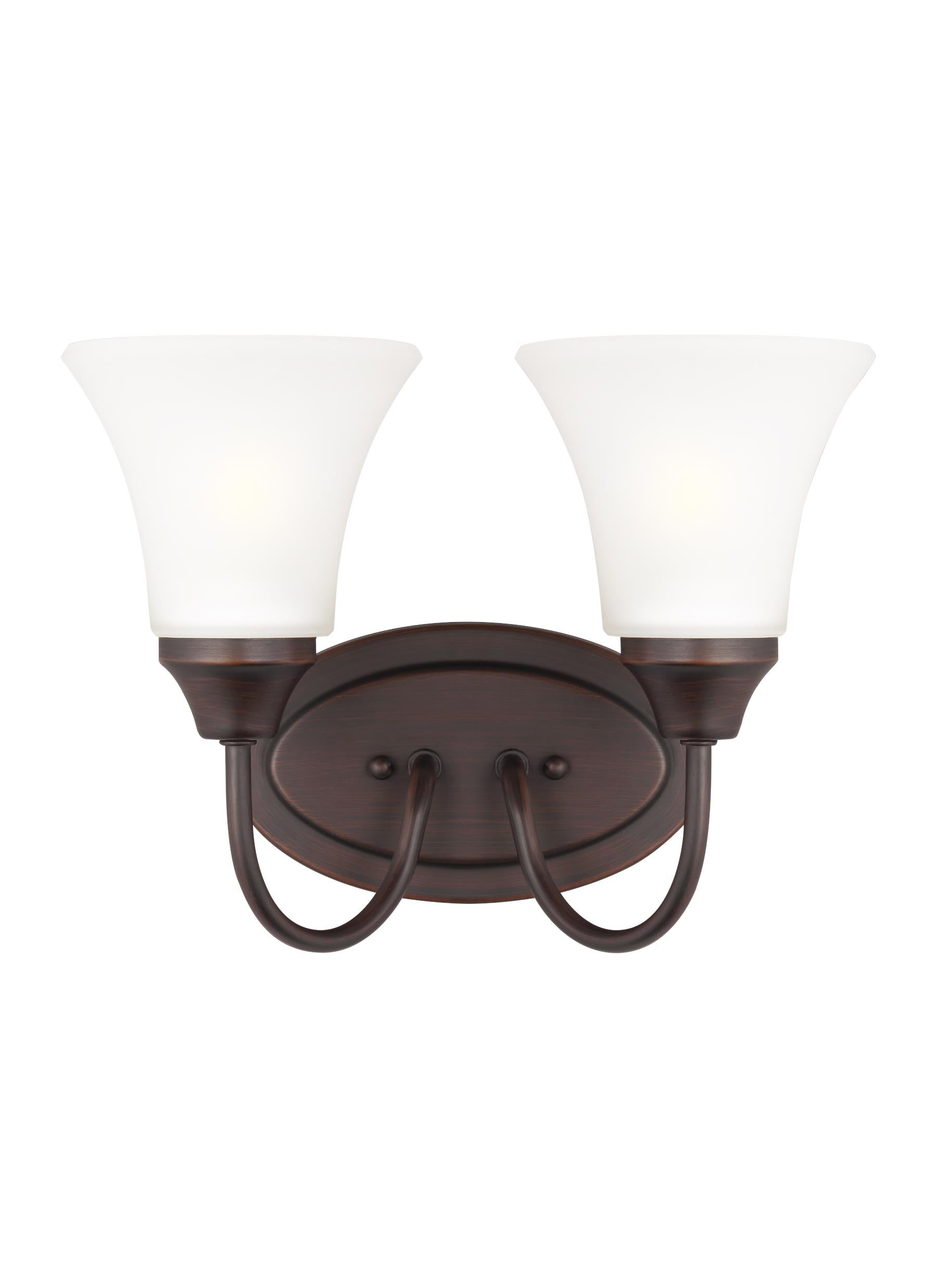 Holman traditional 2-light indoor dimmable bath vanity wall sconce in bronze finish with satin etched glass shades