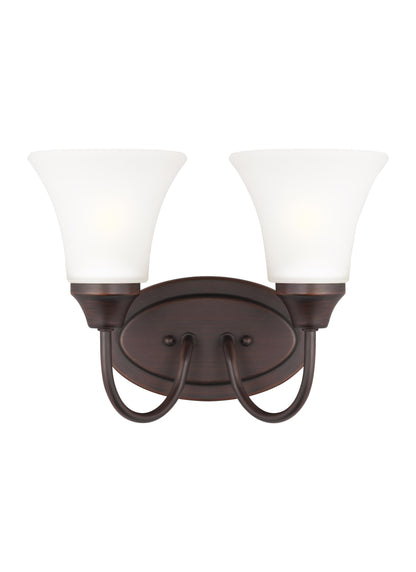 Holman traditional 2-light indoor dimmable bath vanity wall sconce in bronze finish with satin etched glass shades