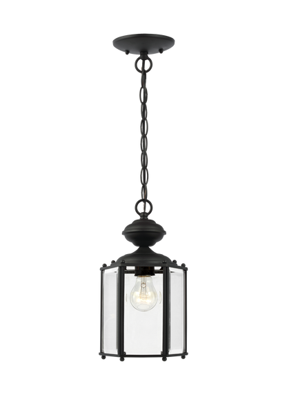 Classico traditional 1-light outdoor exterior semi-flush convertible ceiling pendant in black finish with clear beveled gl...