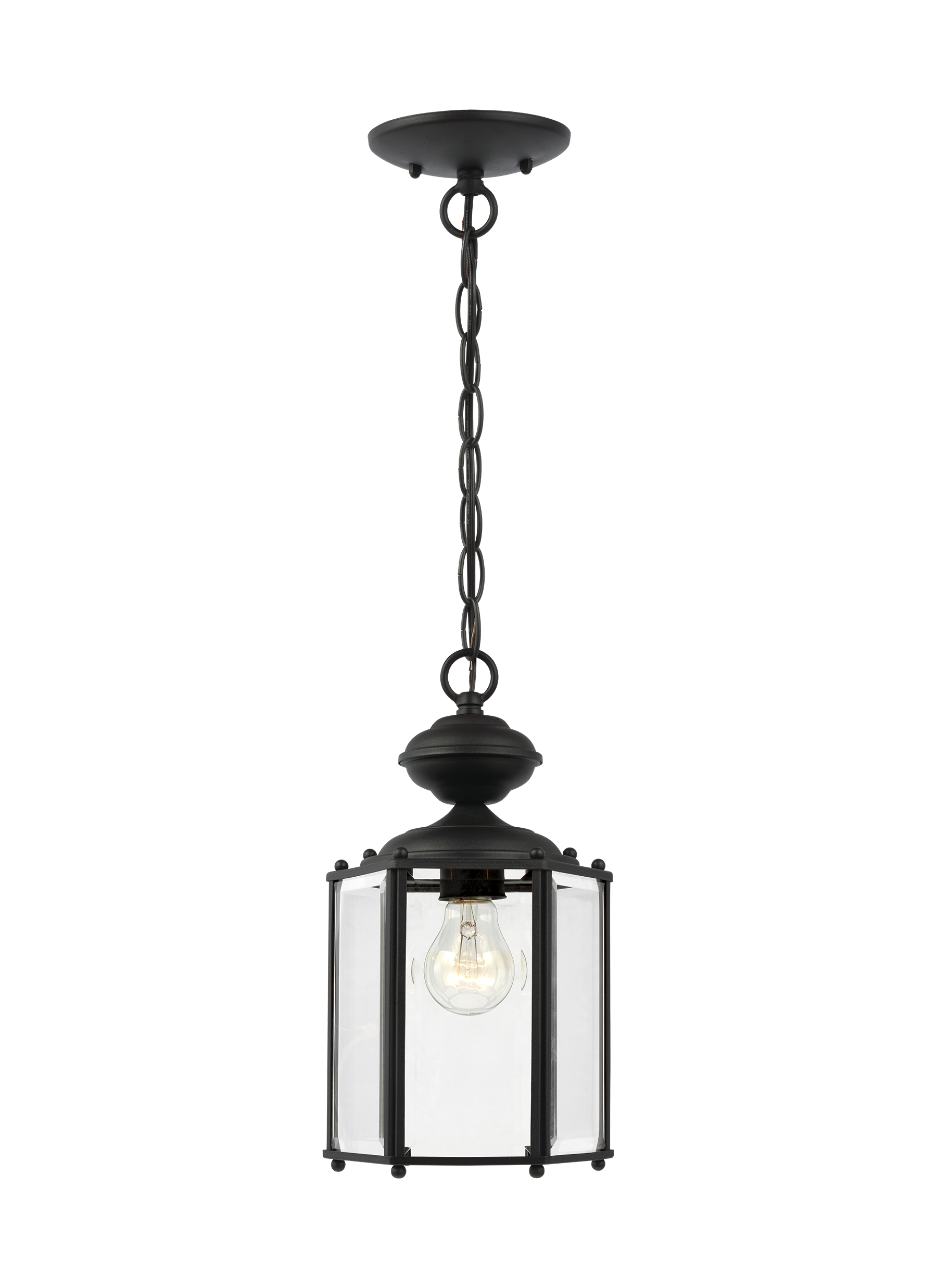 Classico traditional 1-light outdoor exterior semi-flush convertible ceiling pendant in black finish with clear beveled gl...