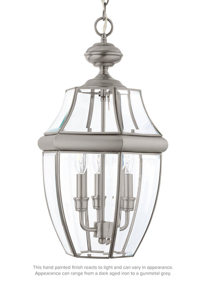 Lancaster traditional 3-light outdoor exterior pendant in antique brushed nickel silver finish with clear curved beveled g...