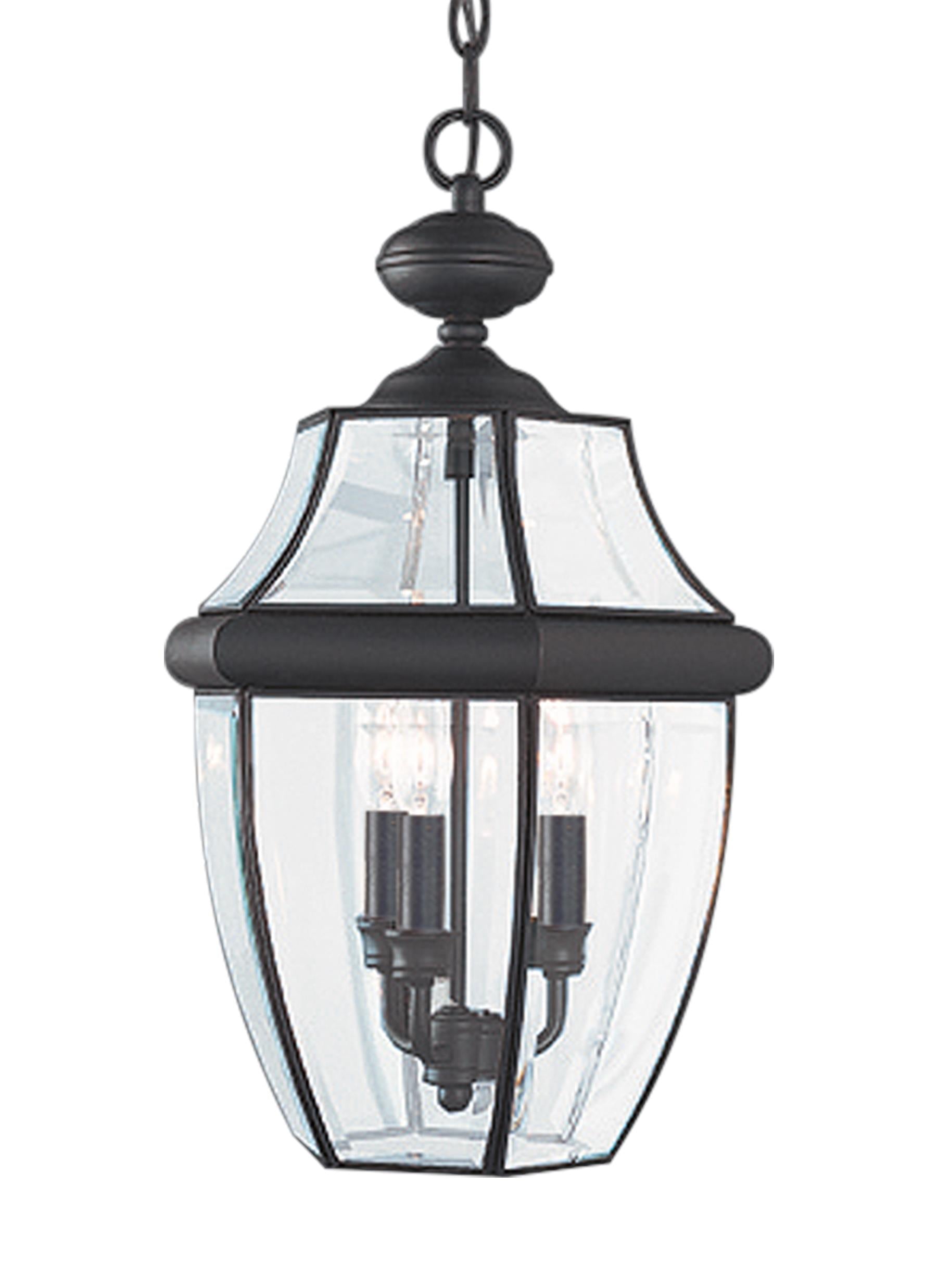 Lancaster traditional 3-light outdoor exterior pendant in black finish with clear curved beveled glass shade
