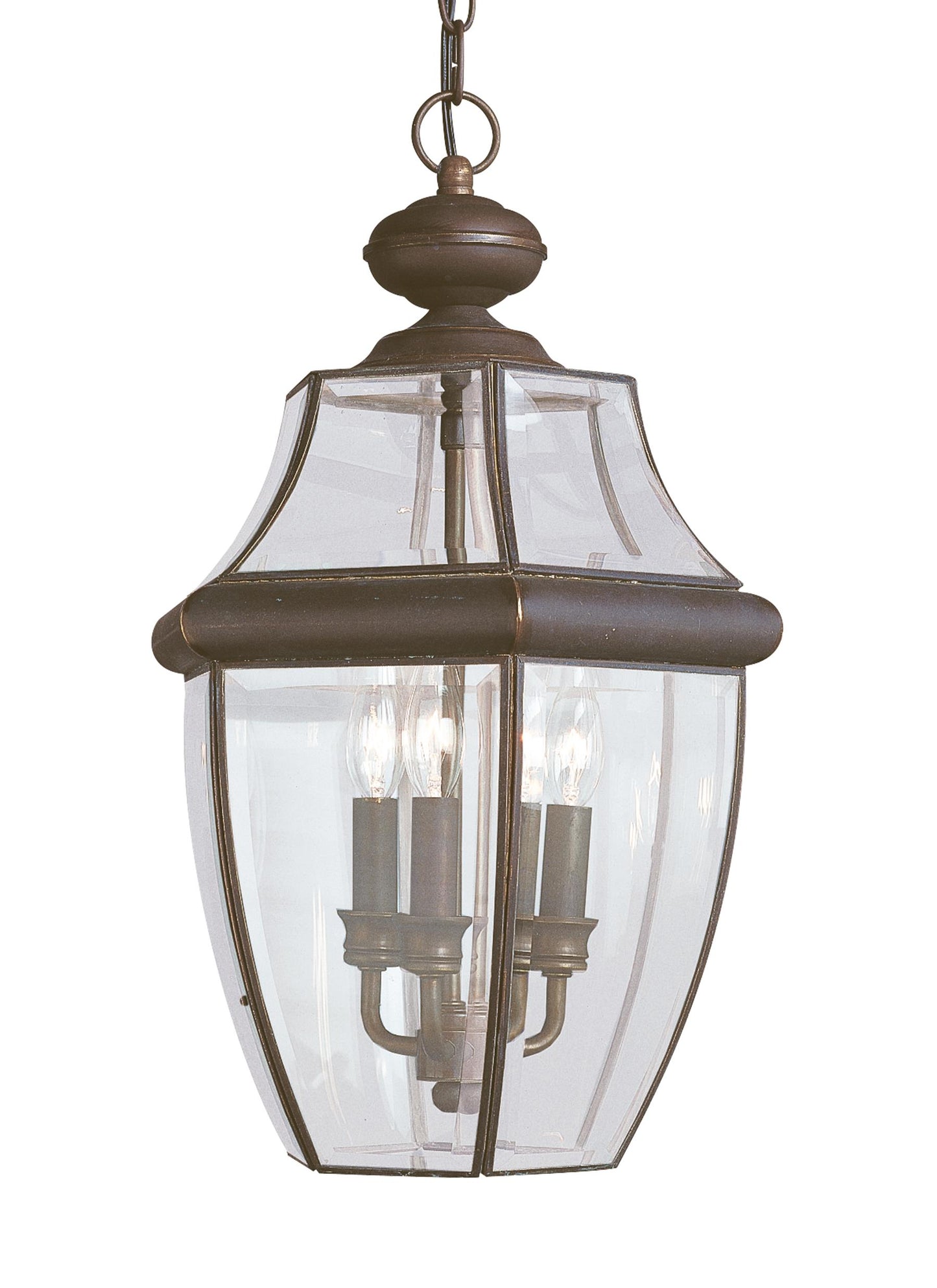 Lancaster traditional 3-light outdoor exterior pendant in antique bronze finish with clear curved beveled glass shade