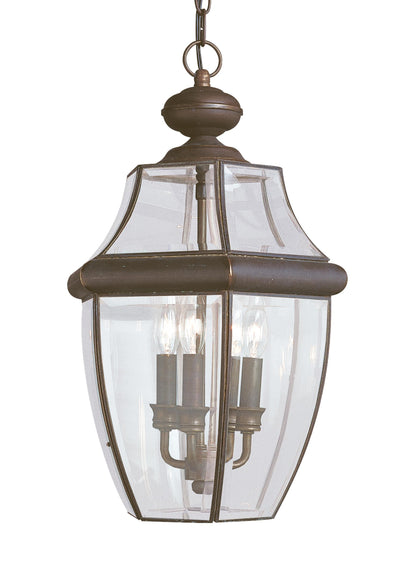 Lancaster traditional 3-light outdoor exterior pendant in antique bronze finish with clear curved beveled glass shade