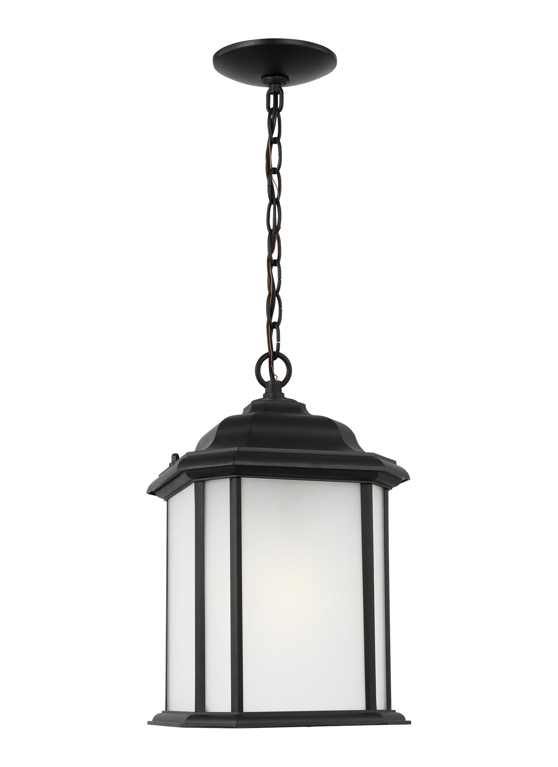 Kent traditional 1-light outdoor exterior ceiling hanging pendant in black finish with satin etched glass panels