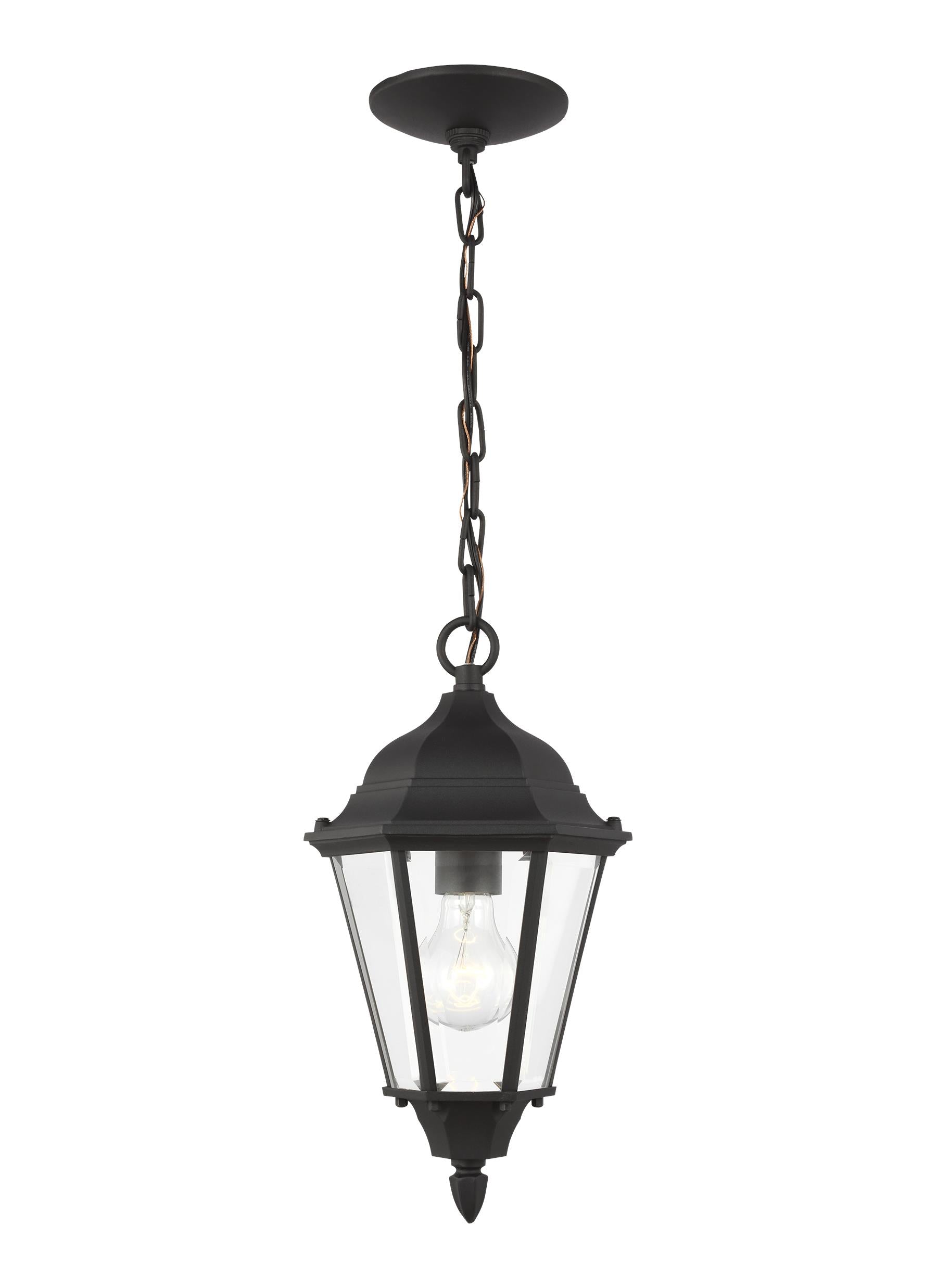 Bakersville traditional 1-light outdoor exterior pendant in black finish with clear beveled glass panels