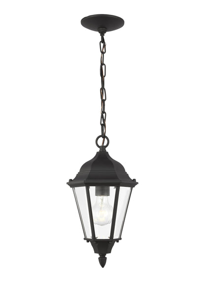 Bakersville traditional 1-light outdoor exterior pendant in black finish with clear beveled glass panels