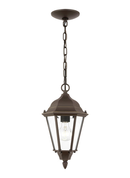 Bakersville traditional 1-light outdoor exterior pendant in antique bronze finish with clear beveled glass panels