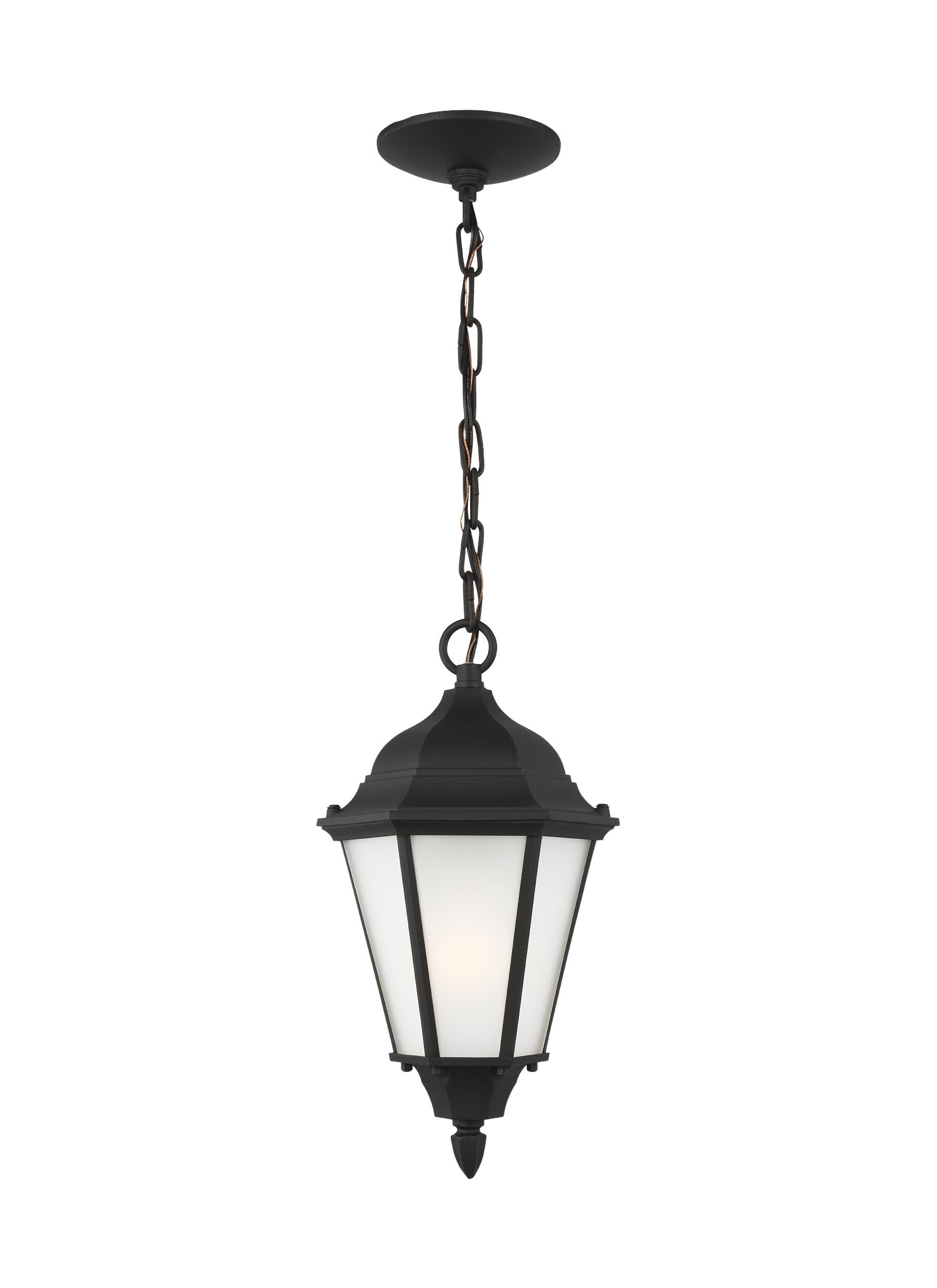 Bakersville traditional 1-light outdoor exterior pendant in black finish with satin etched glass panels