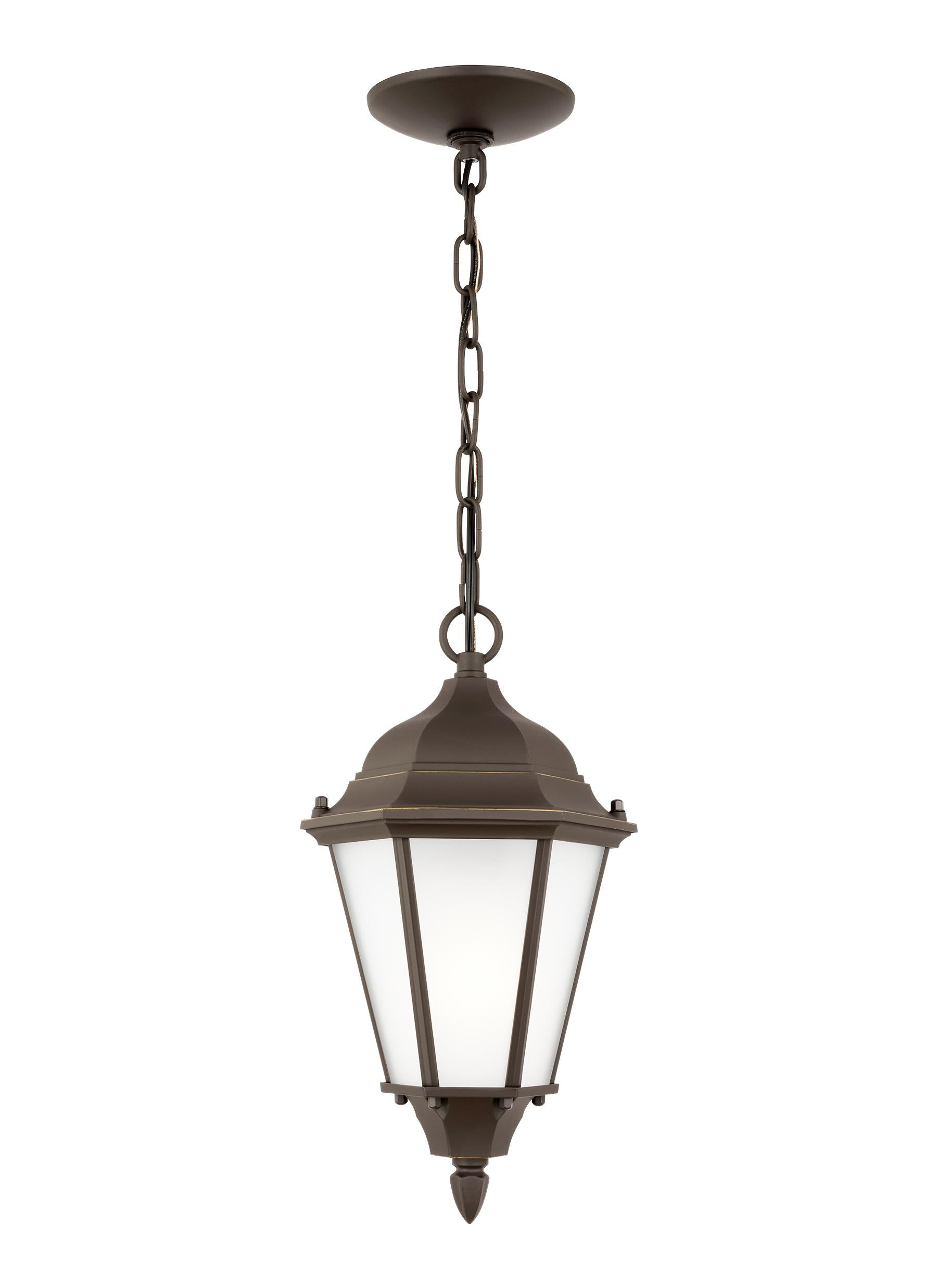 Bakersville traditional 1-light outdoor exterior pendant in antique bronze finish with satin etched glass panels