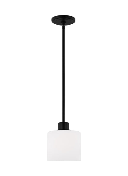 Canfield indoor dimmable 1-light mini pendant in a midnight black finish with white etched glass diffusers