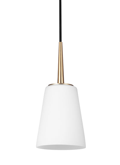 Driscoll contemporary 1-light indoor dimmable ceiling hanging single pendant light in satin brass gold finish with cased o...