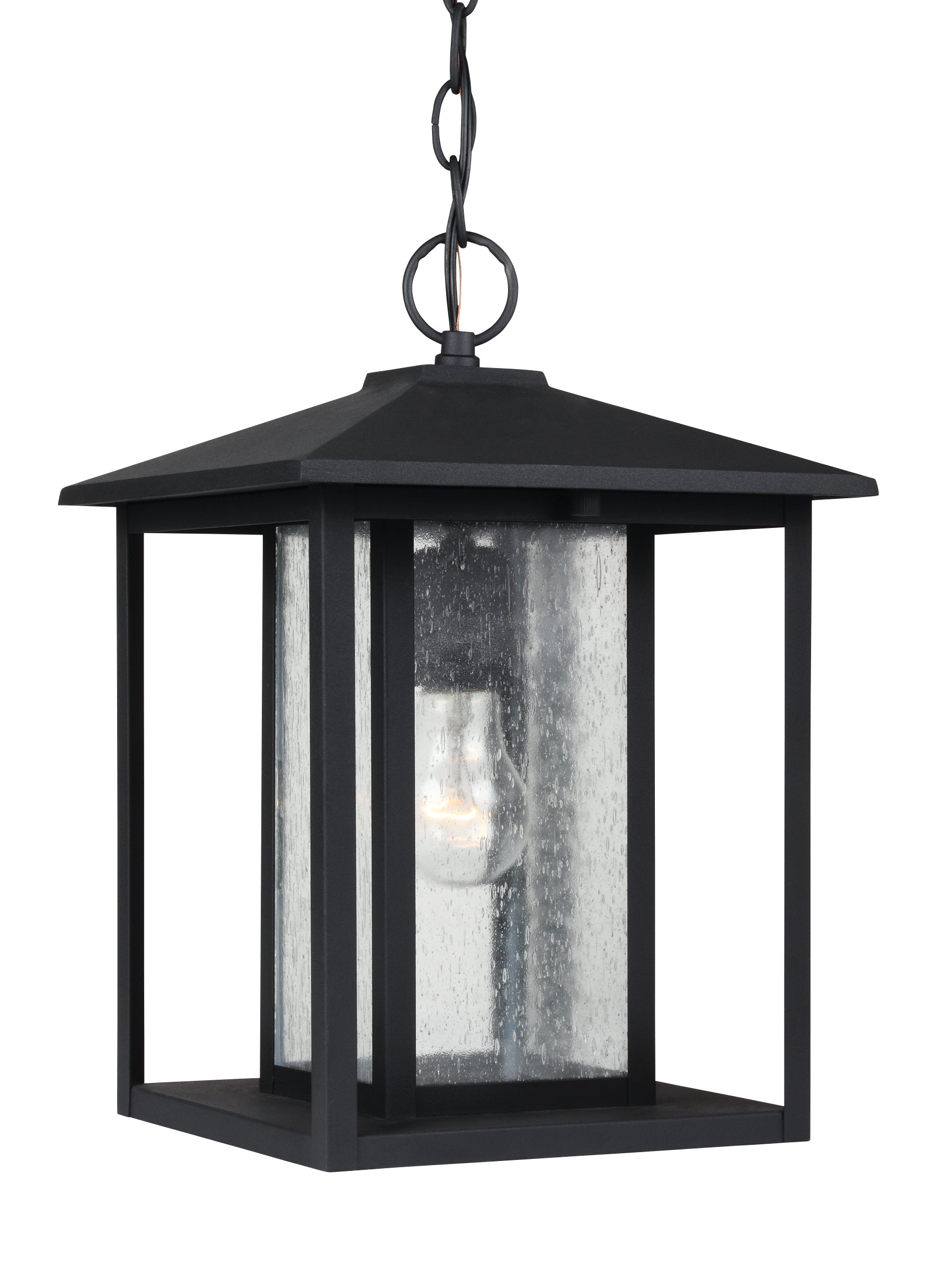 Hunnington contemporary 1-light outdoor exterior pendant in black finish with clear seeded glass panels