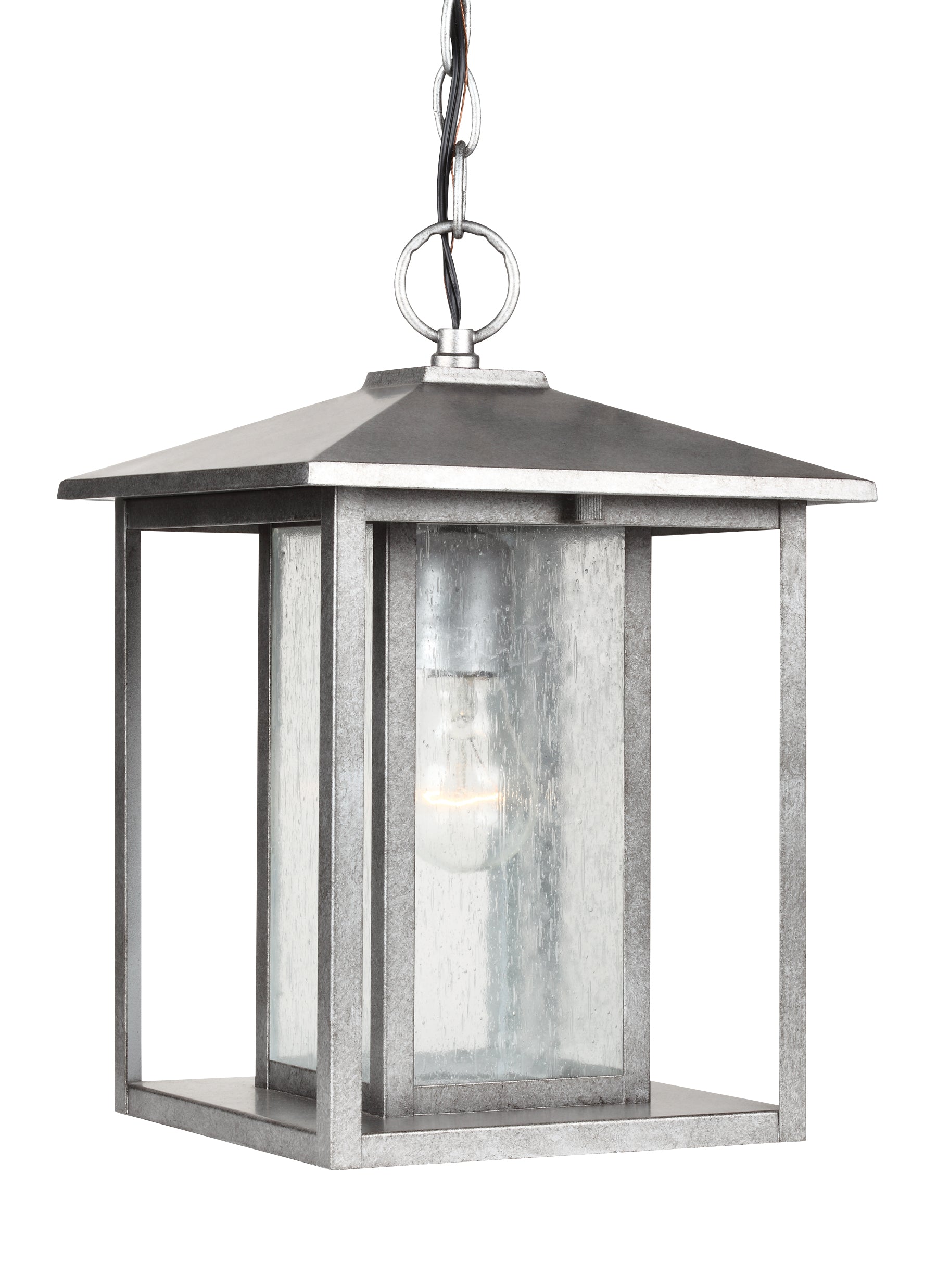 Hunnington contemporary 1-light outdoor exterior pendant in weathered pewter grey finish with clear seeded glass panels